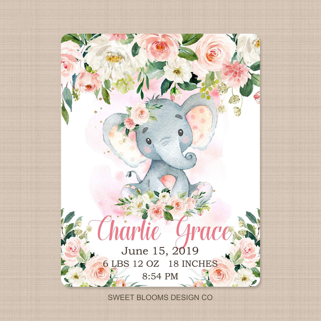 Elephants Baby Girl Blanket Watercolor Coral Pink Floral Newborn Baby Sweet Blooms Decor