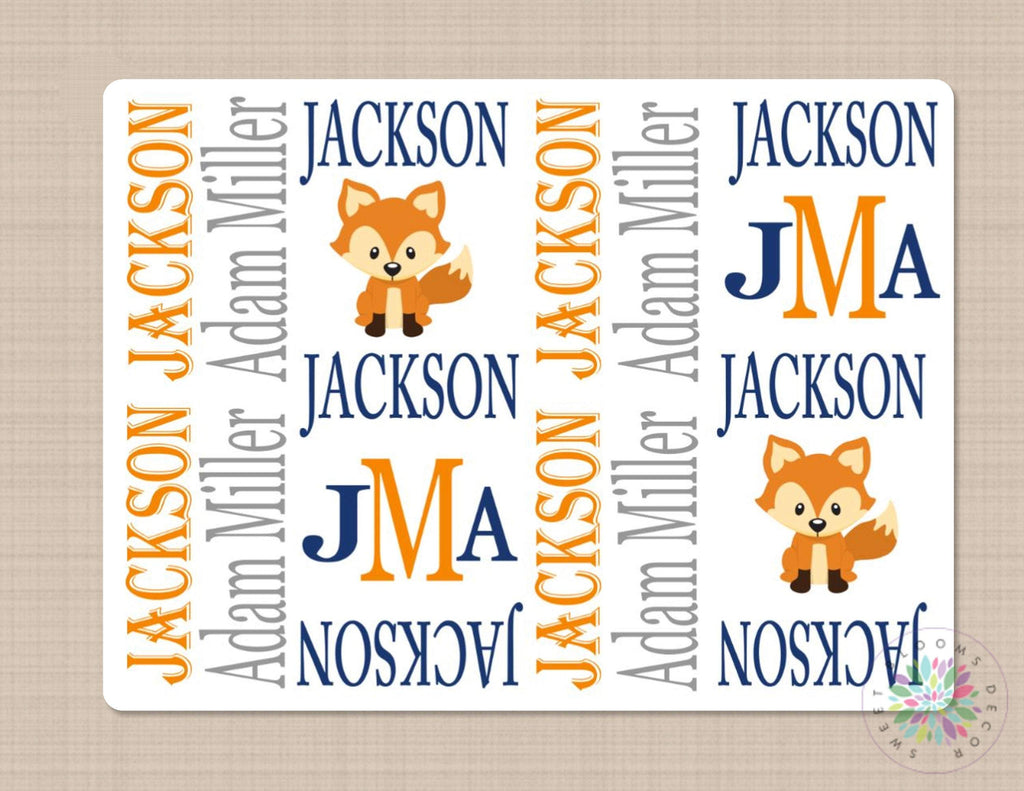 Personalized Fox Baby Blanket Woodland Baby Blanket Fox Baby Navy Blue Sweet Blooms Decor