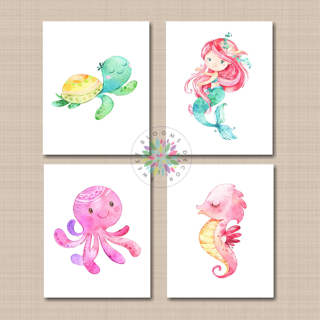 Sea Animals Nursery Decor Girl Wall Art Watercolor Mermaid Octopus Sea Sweet Blooms Decor