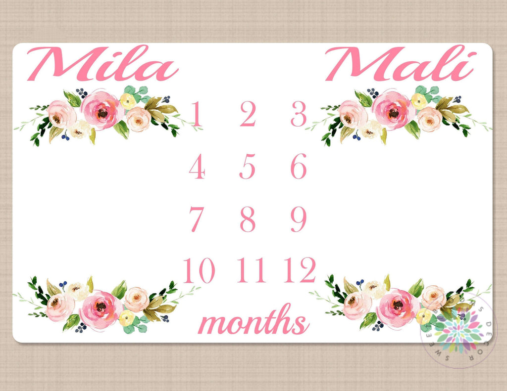 Twins Milestone Blanket Girls Pink Floral Personalized Monthly Nursery Sweet Blooms Decor