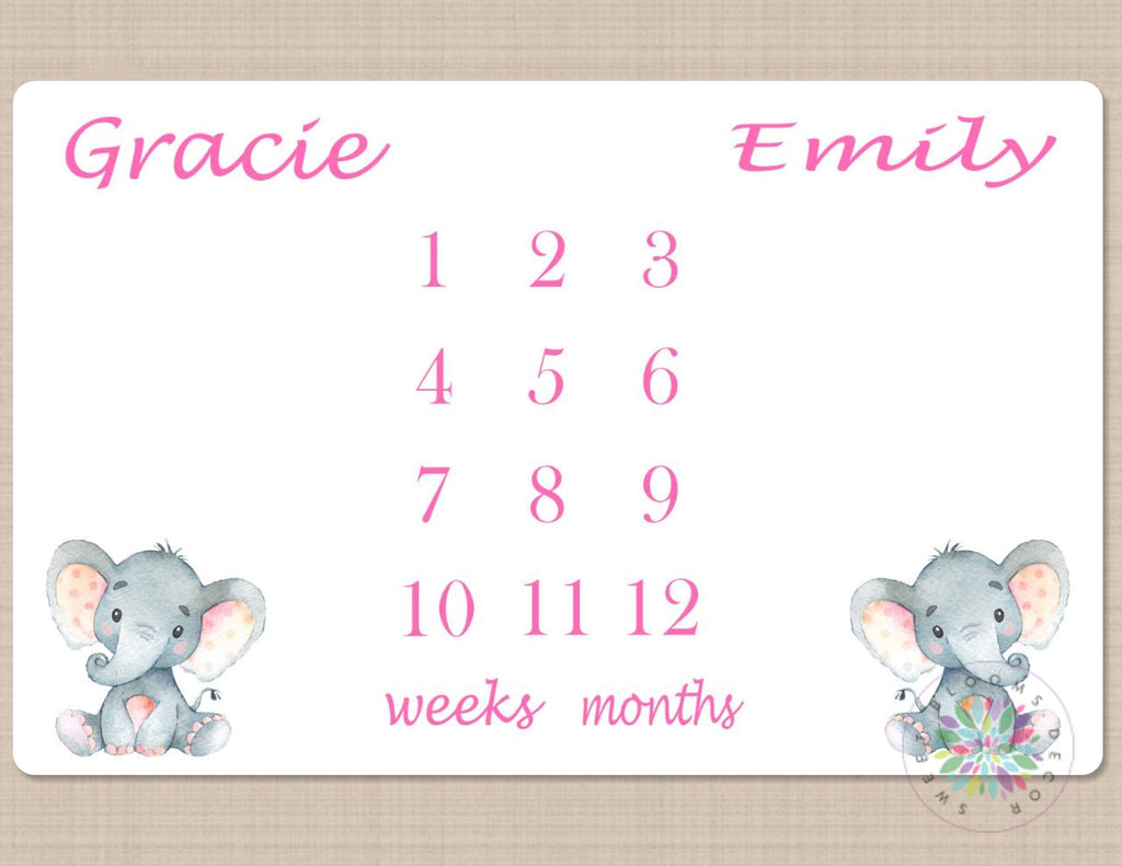 Twins Milestone Blanket Twin Girls Baby Elephant Personalized Monthly Sweet Blooms Decor