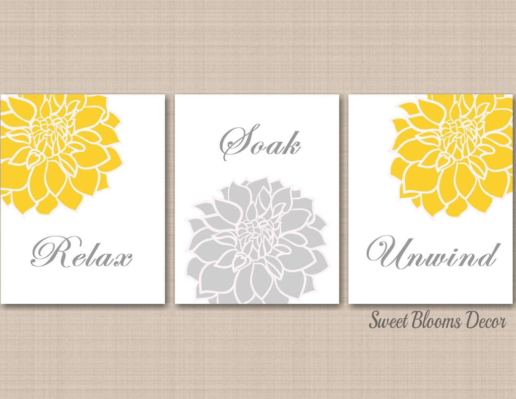 Yellow Gray Floral Bathroom Wall Art Yellow Gray Bathroom Decor Yellow Sweet Blooms Decor