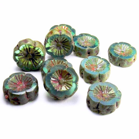 14mm Tea Green Turquoise Flower Bead, Picasso Czech Glass Beads 8 pcs. –  Royal Metals Jewelry Supply