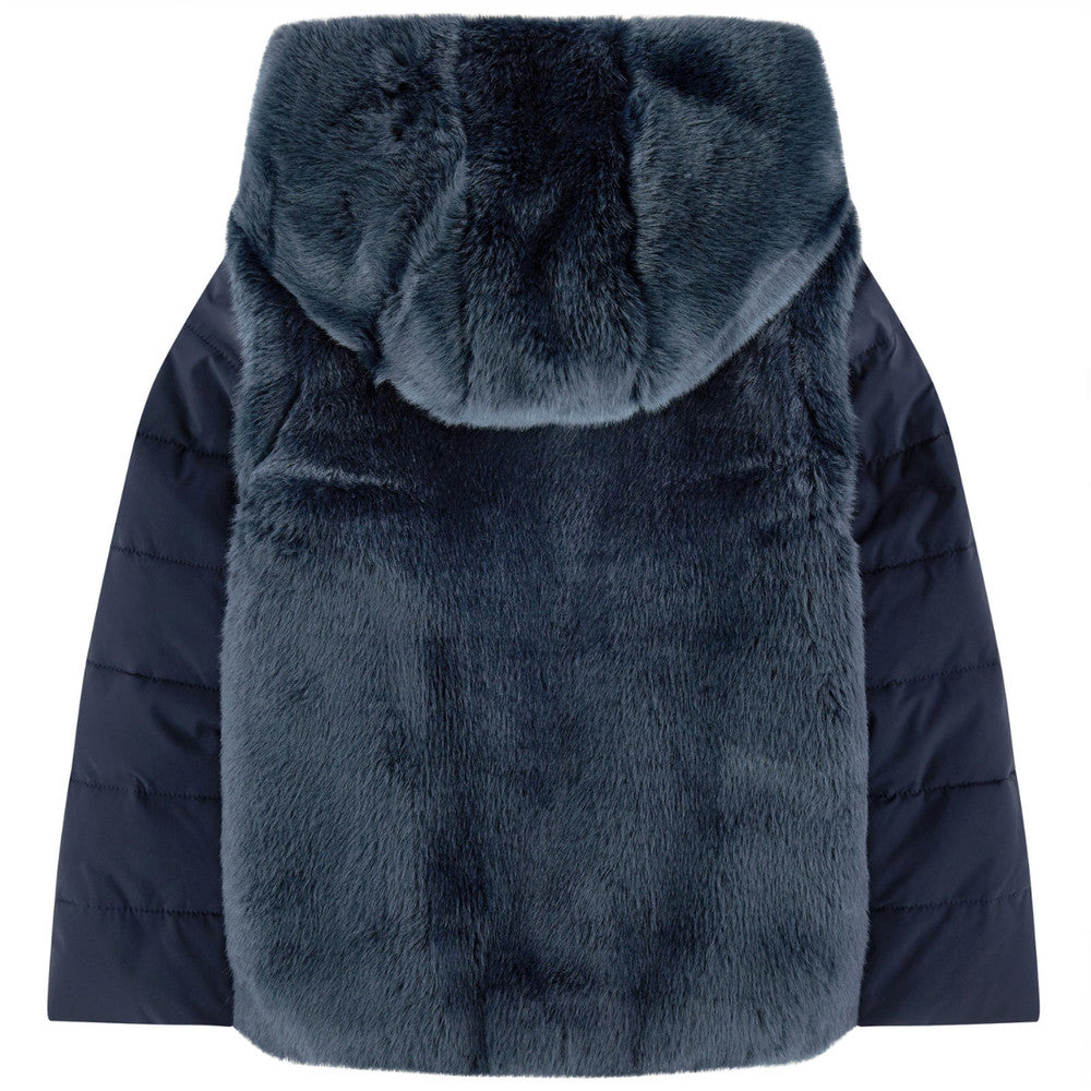 blue jacket with fur hood