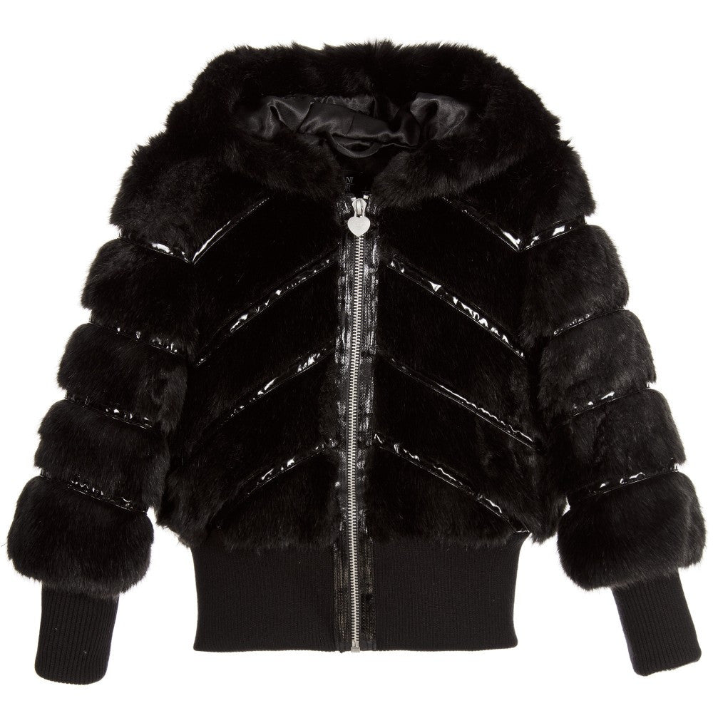 Girls Fancy Black Faux-Fur Hooded Jacket
