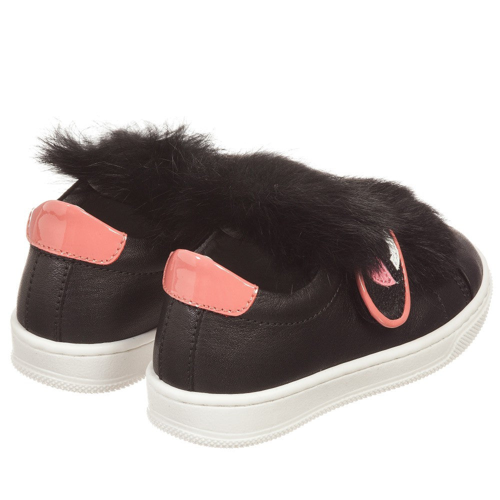 Girls Black Leather Sneakers with Fur