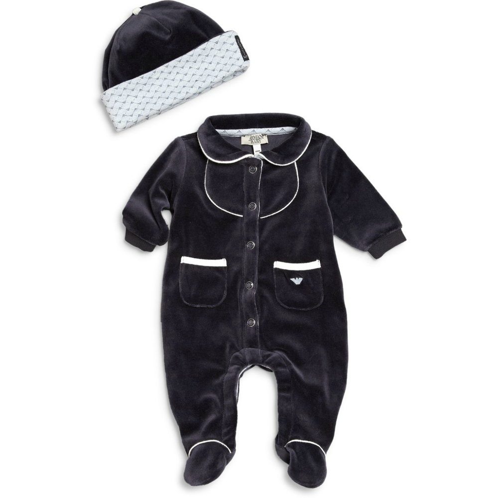 Armani Baby Navy Blue Velour Romper 