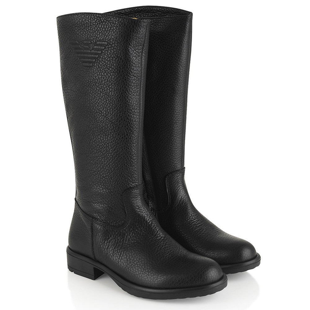 Armani Girls Black Leather High Boots 