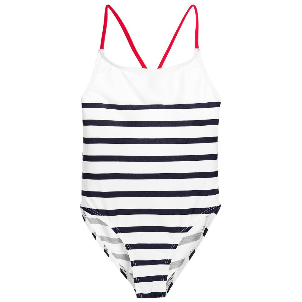 navy and white striped swimsuit