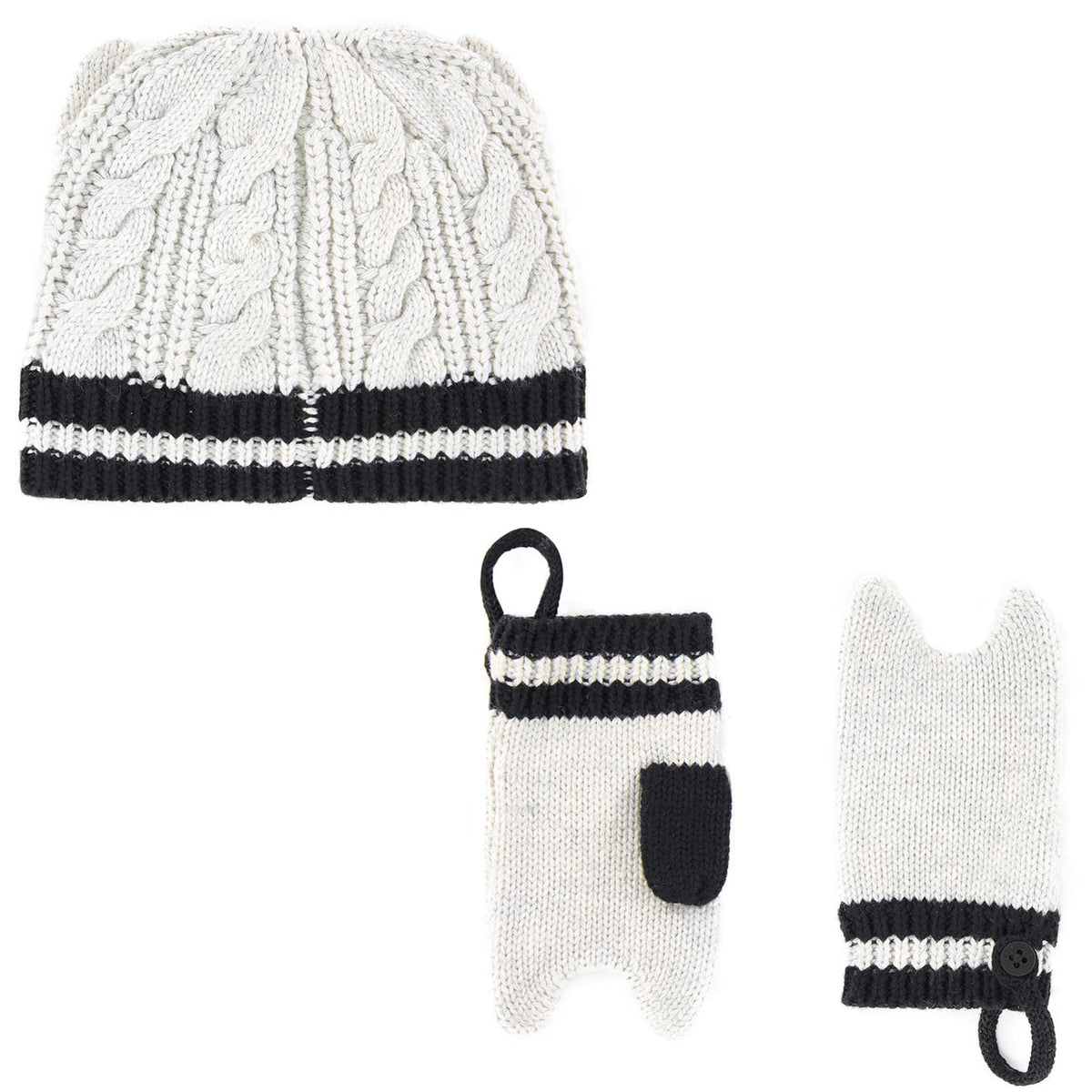 white baby hat and mittens