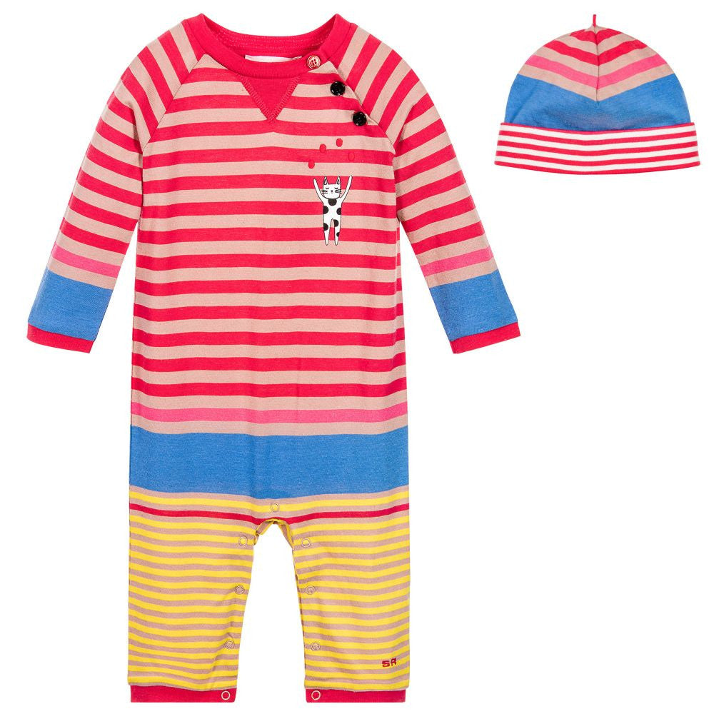 Baby Girls Striped Romper & Hat Gift Set