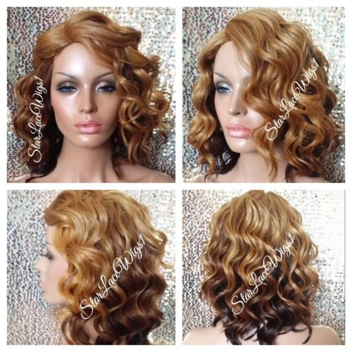 Short Wavy Synthetic Wig Bob Blonde Brown Ombre Sage Starlacewigs