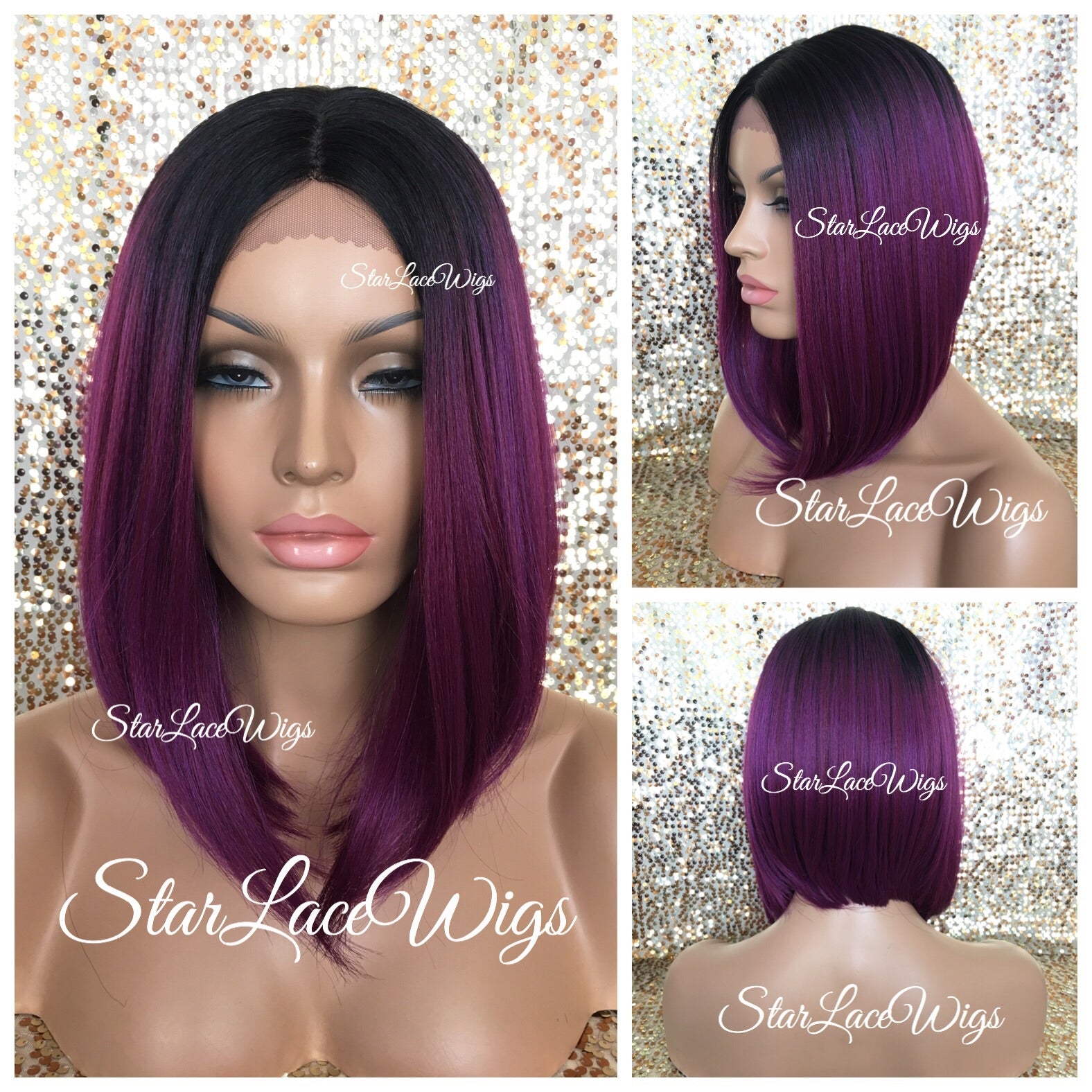 Short Straight Purple Dark Root Synthetic Lace Front Bob Wig Serenity