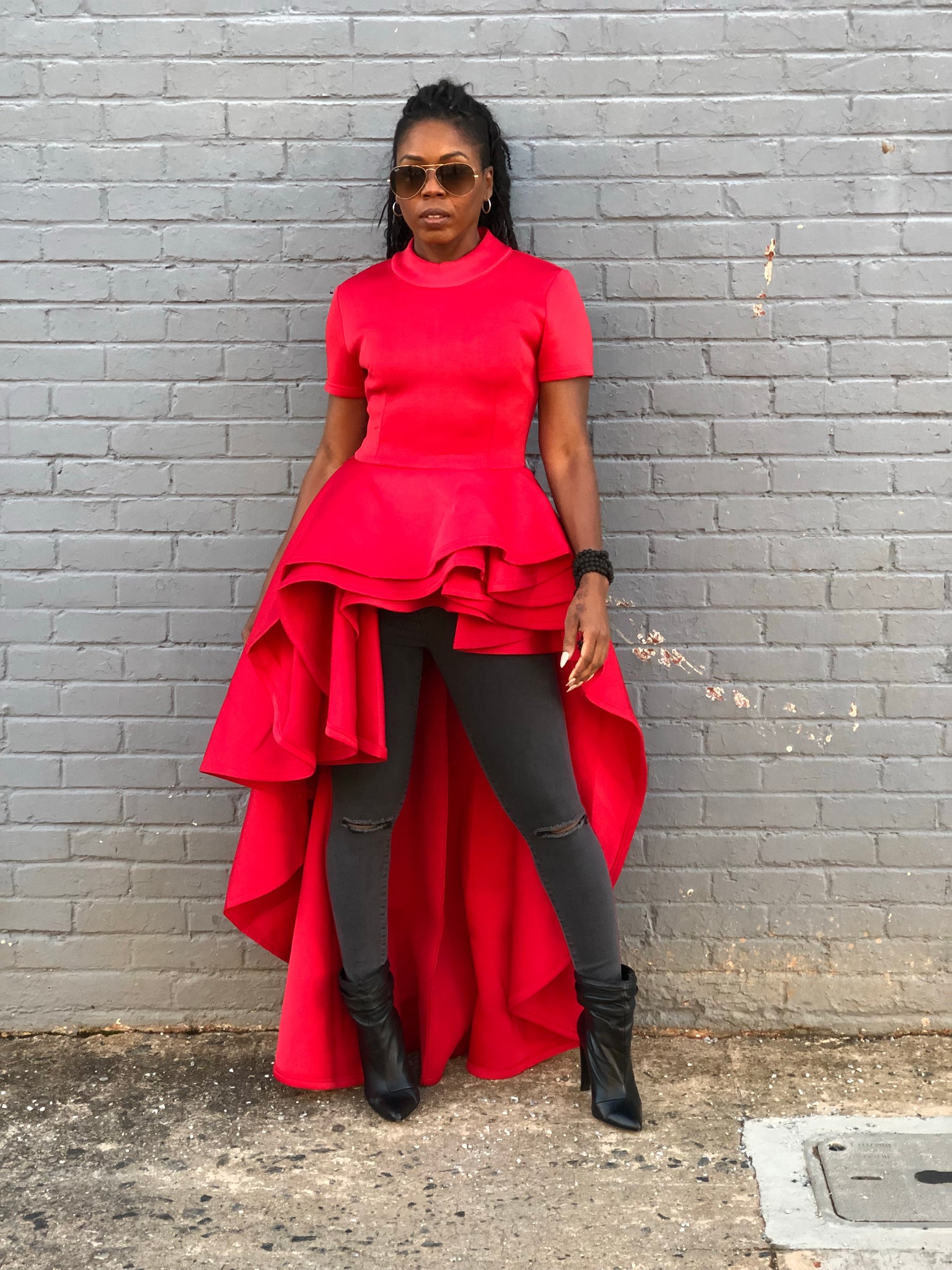 Queen Bee” Red Dramatic High-Low Peplum 