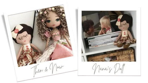 two polaroid images of handmade dolls showing the difference between the simple first felt doll and the current more refined keepsake dolls with hand embroidered faces and eyelashes