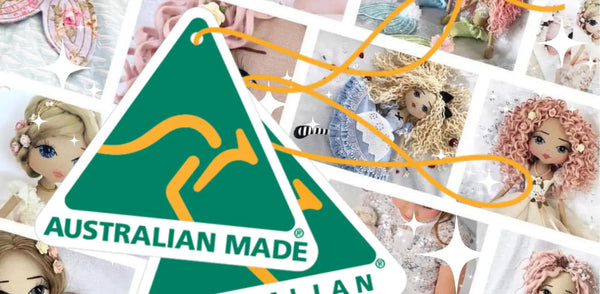 collage of handmade dolls with the official Australian made green triangle logo to announce certified products