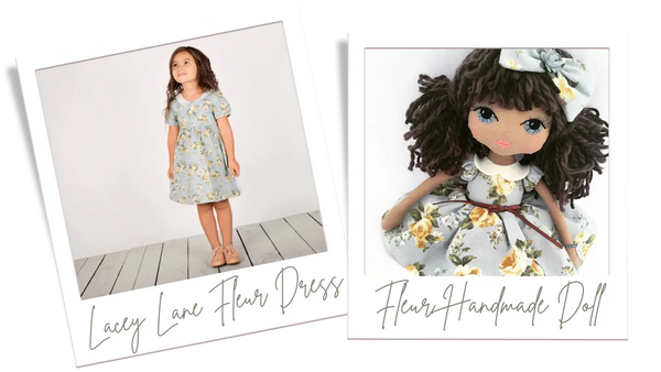 Upper Dhali handmade doll made for Lacey Lane children's clothing brand of their blue & yellow floral dress Fleur