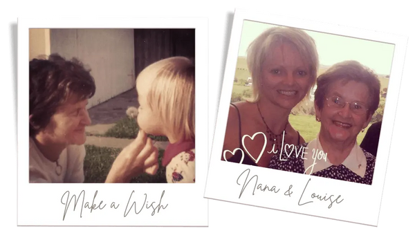 two polaroid images showing a granddaughter with her Nana, one when she was young, another as an adult