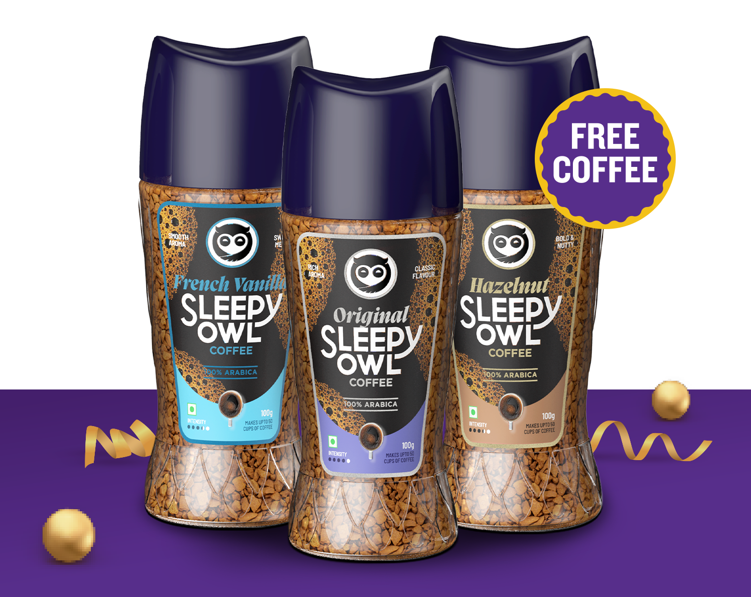 Three jars of Sleepy Owl coffee: French Vanilla, Original, and Hazelnut.