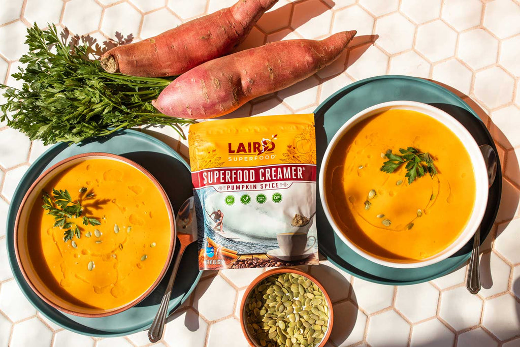 Pumpkin Spice & Sweet Potato Vegan Gazpacho Recipe superfood creamer.
