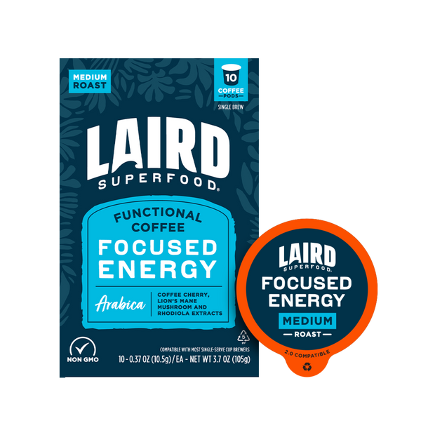 New Focused Energy K-Cups! This coffee recipe was curated to provide focused energy and give you that boost you need in your day. We start this blend with our Peruvian beans and add functional Lion’s Mane mushroom, with Rhodiola extract and coffee cherry to invigorate you the plant-powered way.