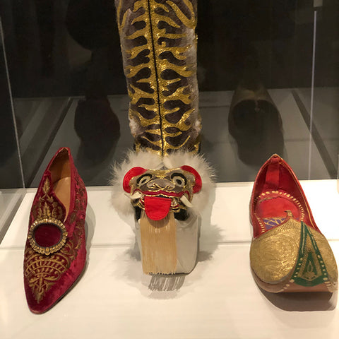 Metallic gold thread embroidery on shoes at The Bata Shoe Museum