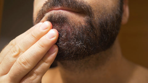Close up of man examining his beard