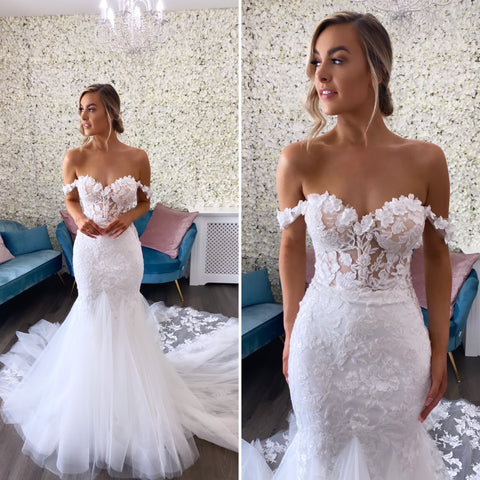 Off the shoulder lace wedding dress