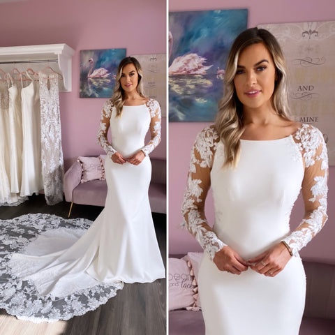 Long sleeve lace and crepe wedding gown