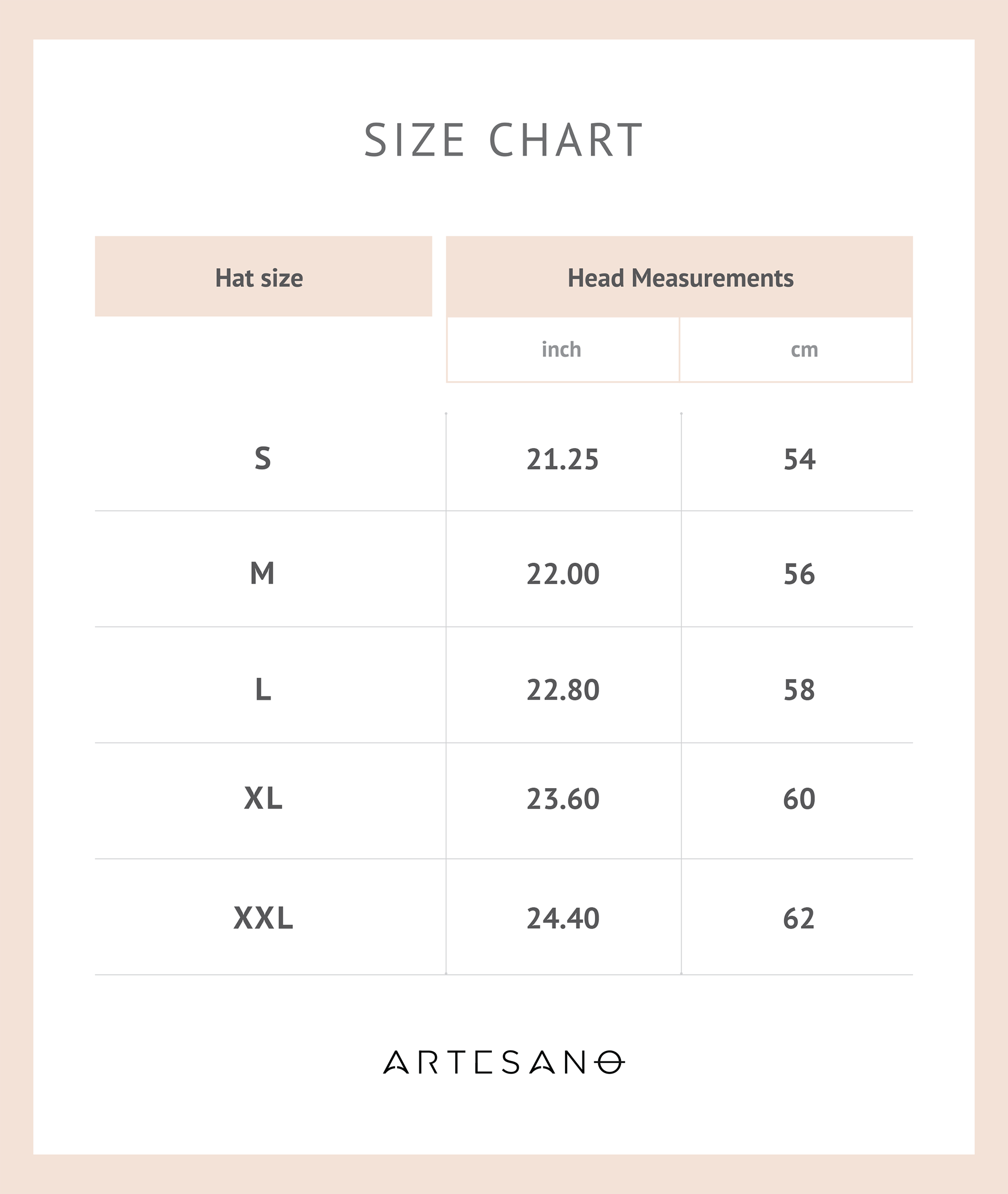 size chart artesano hat guide