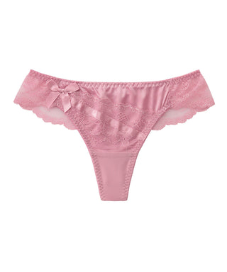 Satin and Lace Detail Thong Panty - Mocha