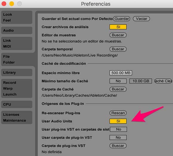 Audio Units en Preferencias