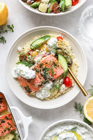 Greek Salmon Bowl, Greek Salmon Recipe, wild caught salmon recipe