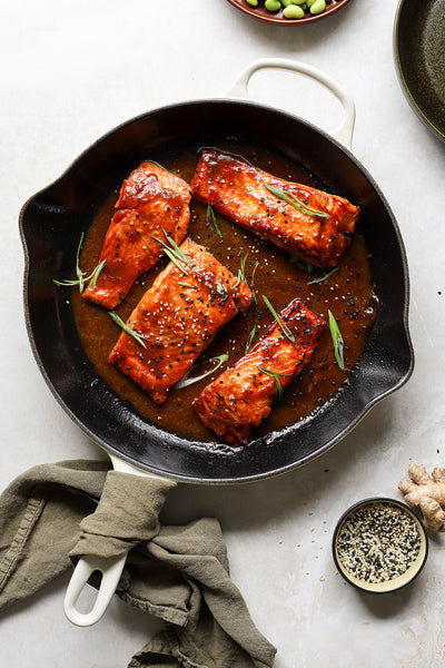 coho salmon in pan, cooked salmon in pan, Wild For Salmon coho