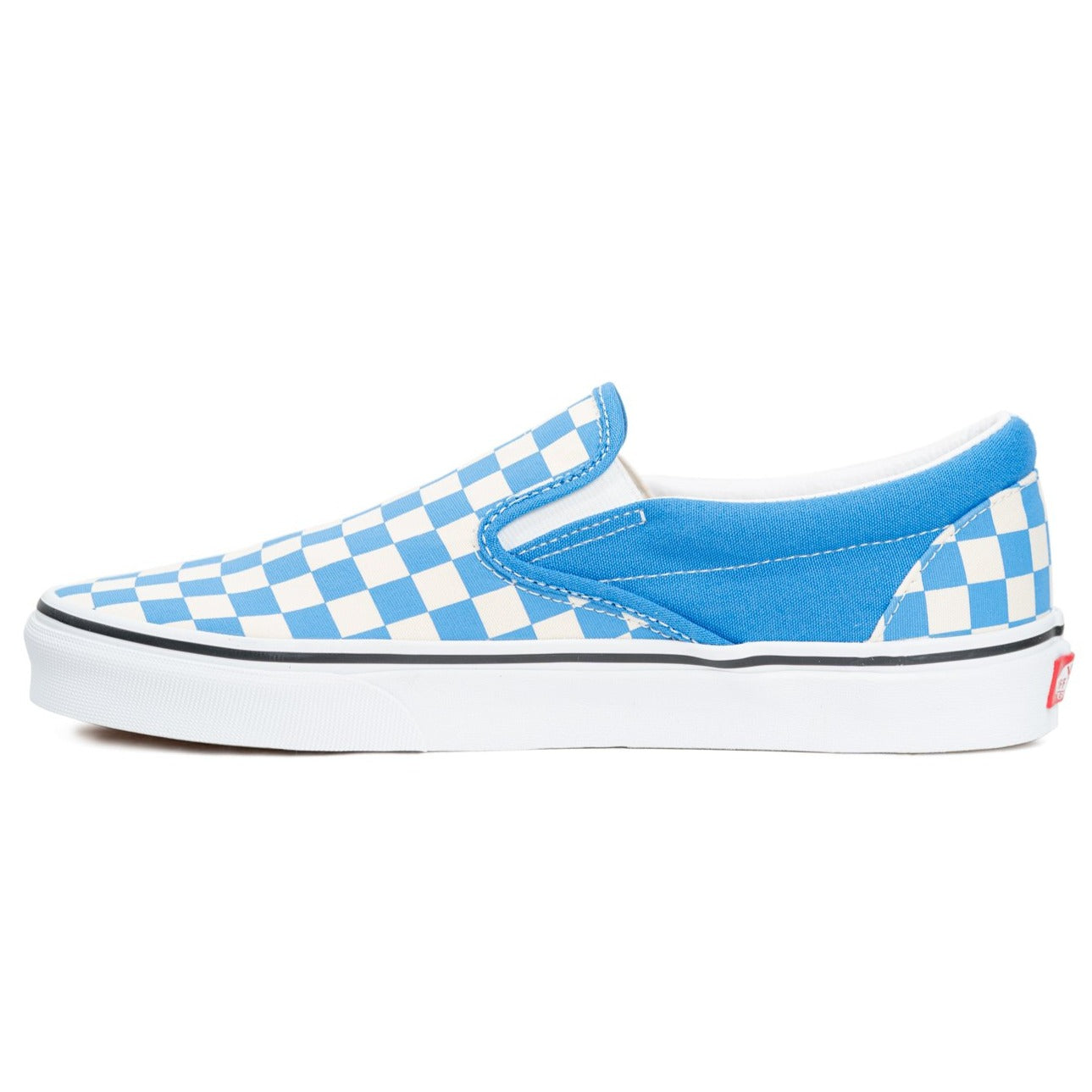 blue checkerboard vans slip on