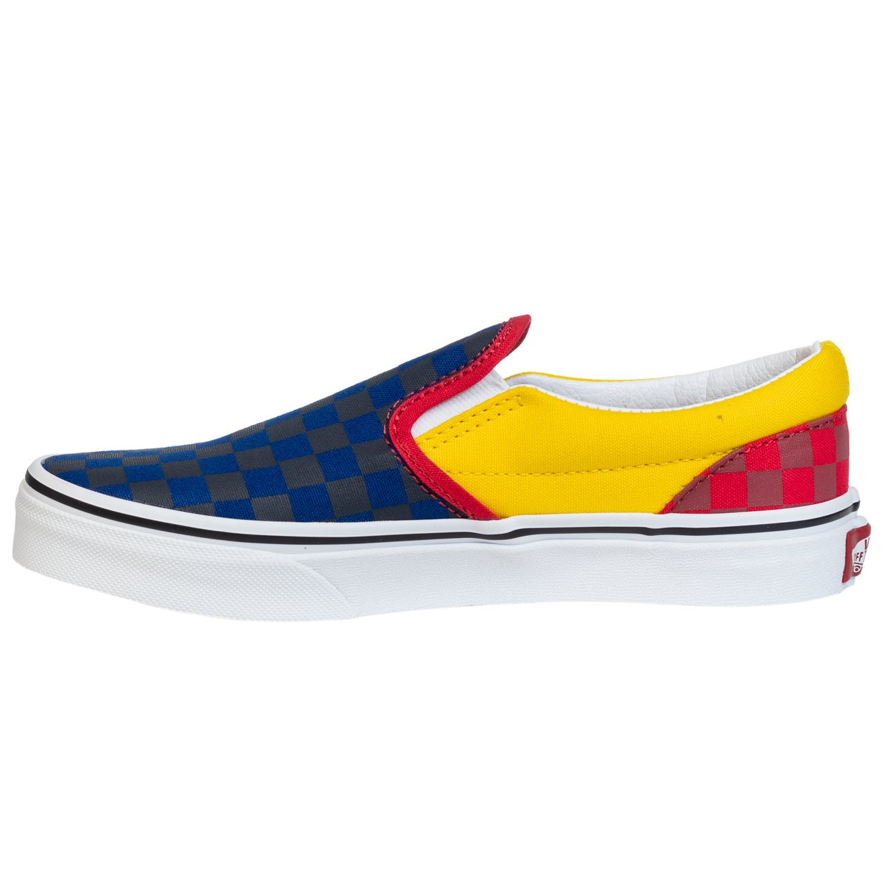 red blue and yellow vans slip ons