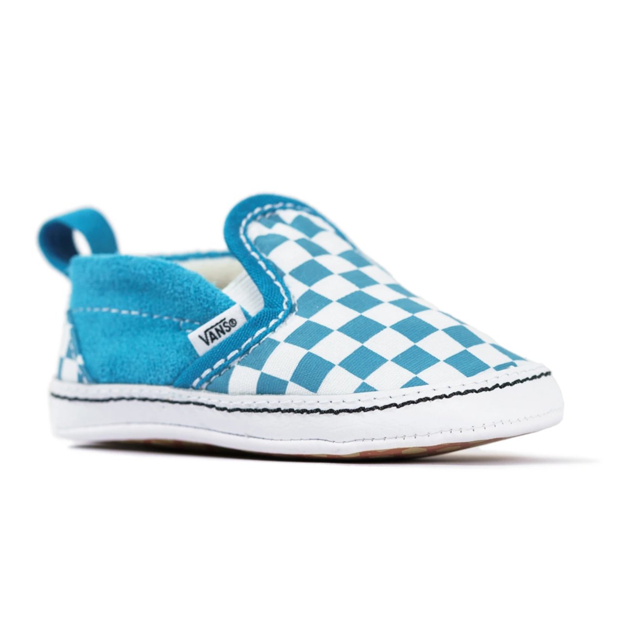 red and blue checkerboard slip on vans