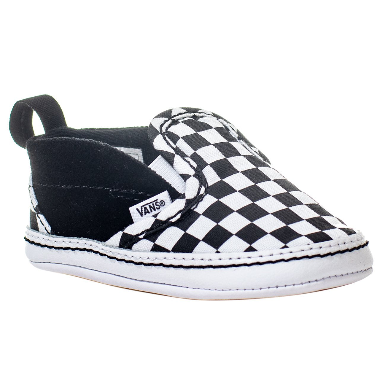 vans checkerboard slip on black and true white