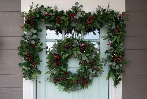  Christmas Woods Wreath and Garland Hanging On Front Door