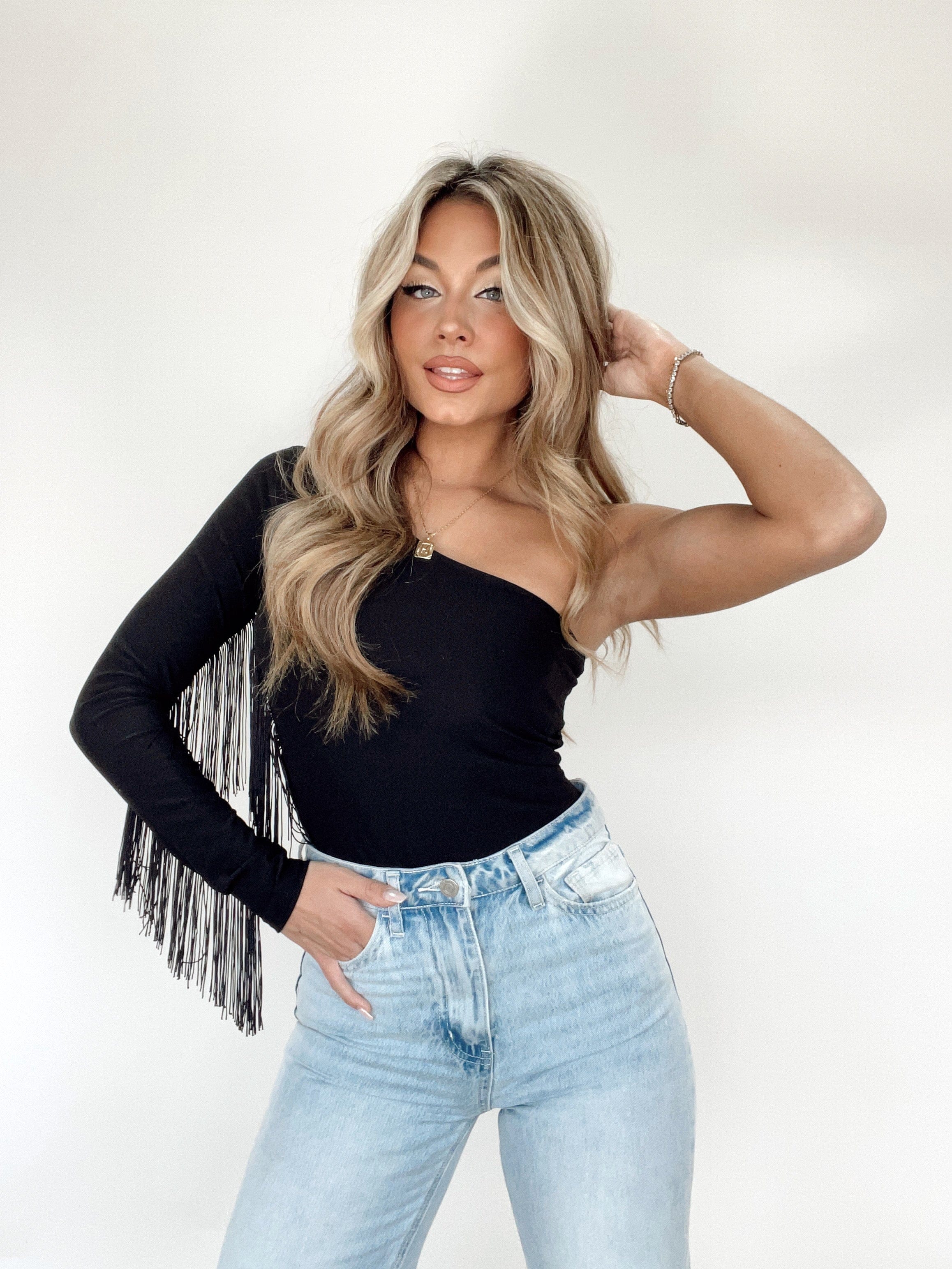 Image of Black One Shoulder Fringe Top