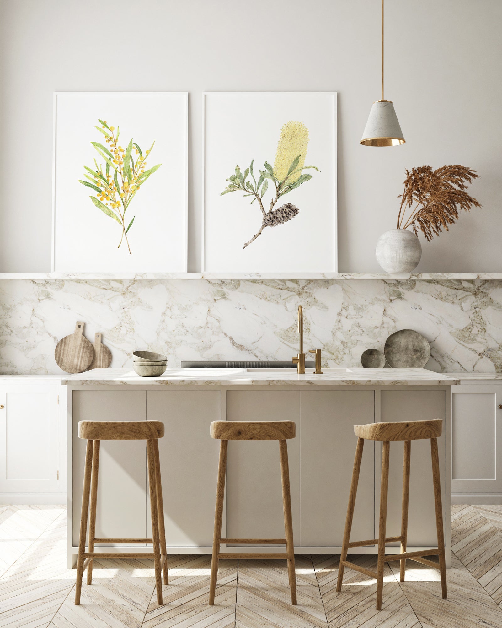 Acacia and Banksia-Botanical Art Prints for Kitchen