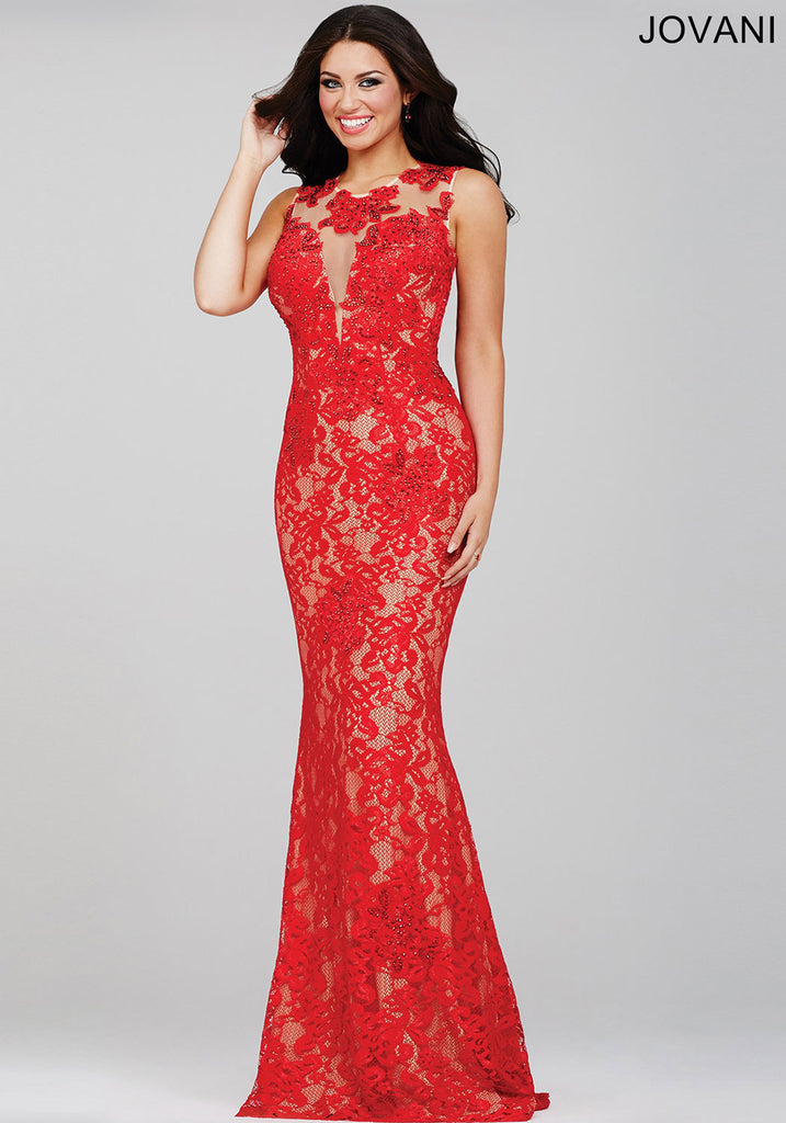 red fitted lace dress