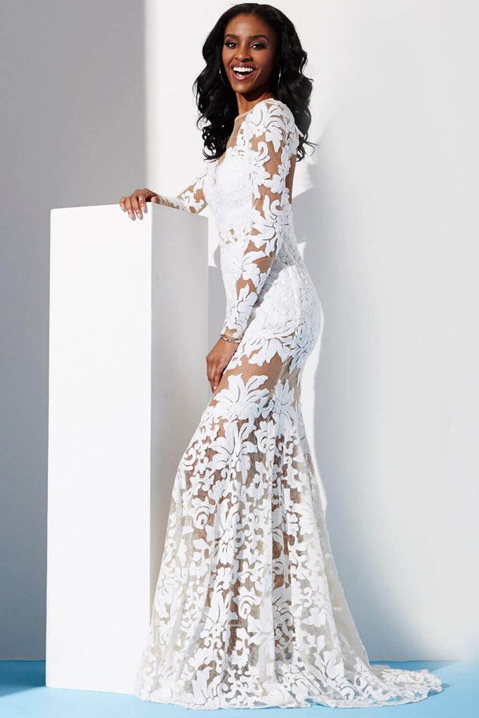 long sleeve long white lace dress