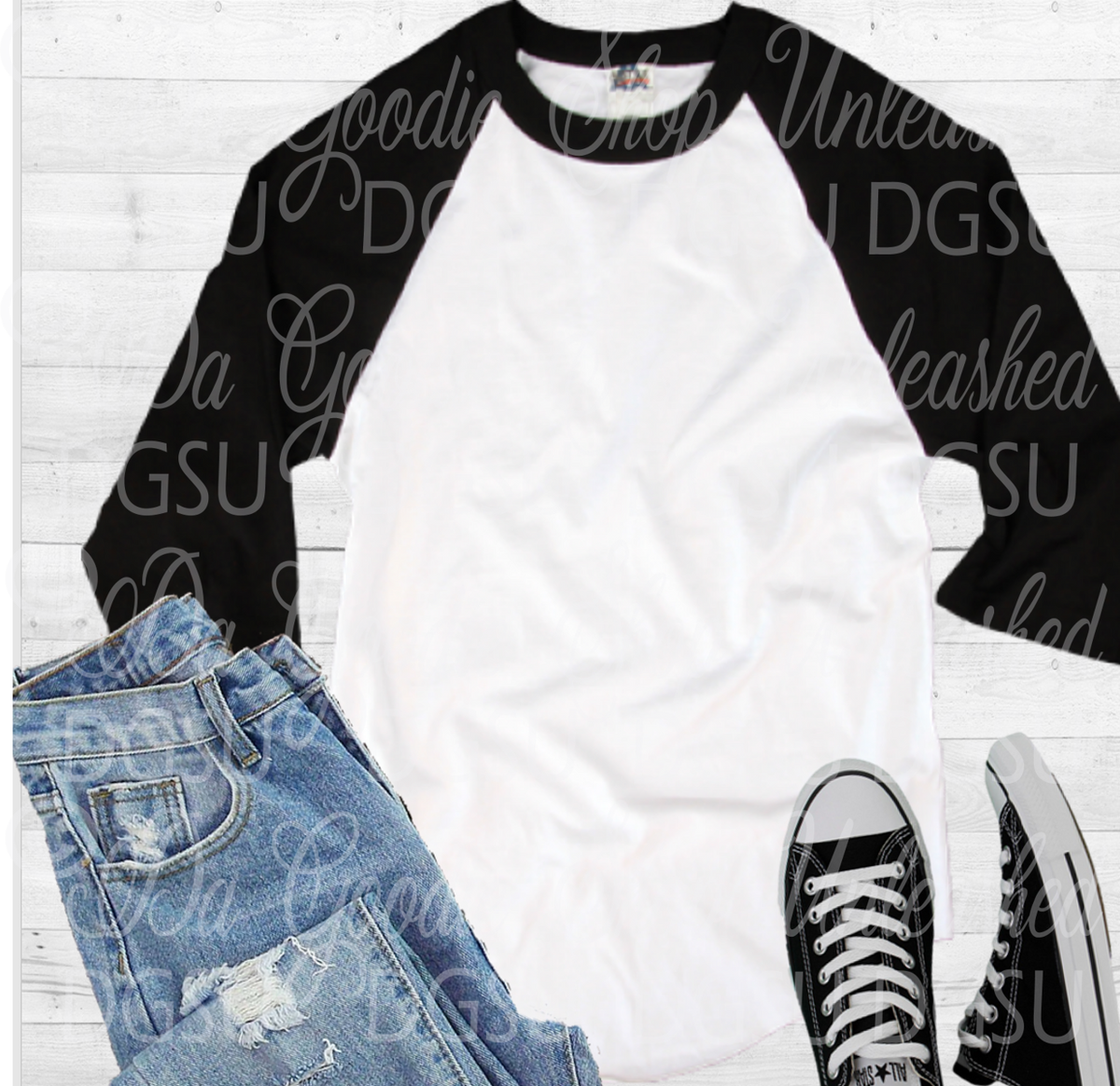 Download Black and White Raglan (Baseball) Shirt Mockup - Da Goodie Shop Unleashed