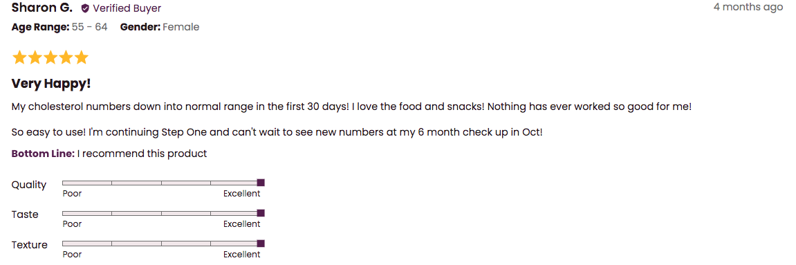 Sharon G's review of Step One Foods. "My cholesterol numbers were down in the first 30 days." 