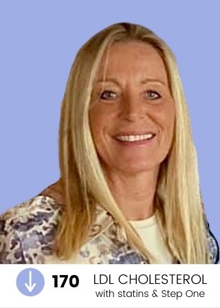 Blonde customer Cindy, with blue and white shirt on a lavender background. Text at footer of image reads, "170 LDL Cholesterol lowered with statins and Step One Foods.