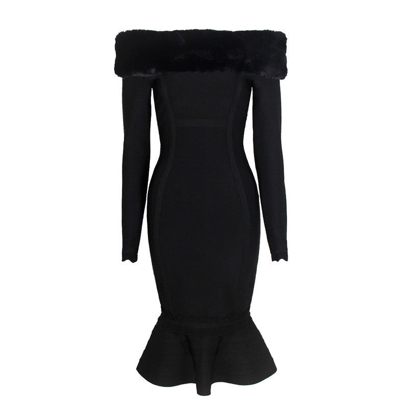 Black Fur Trim Long Sleeves Mermaid Bandage Dress - iulover