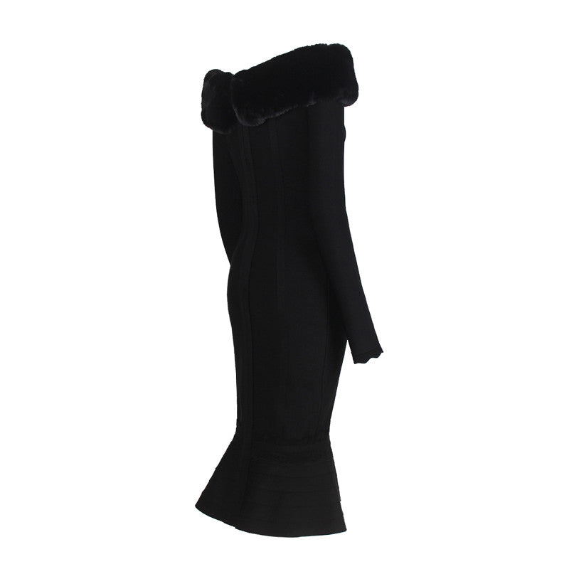 Black Fur Trim Long Sleeves Mermaid Bandage Dress – iulover