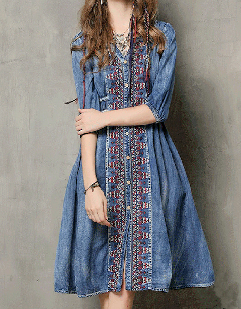 embroidered denim dress