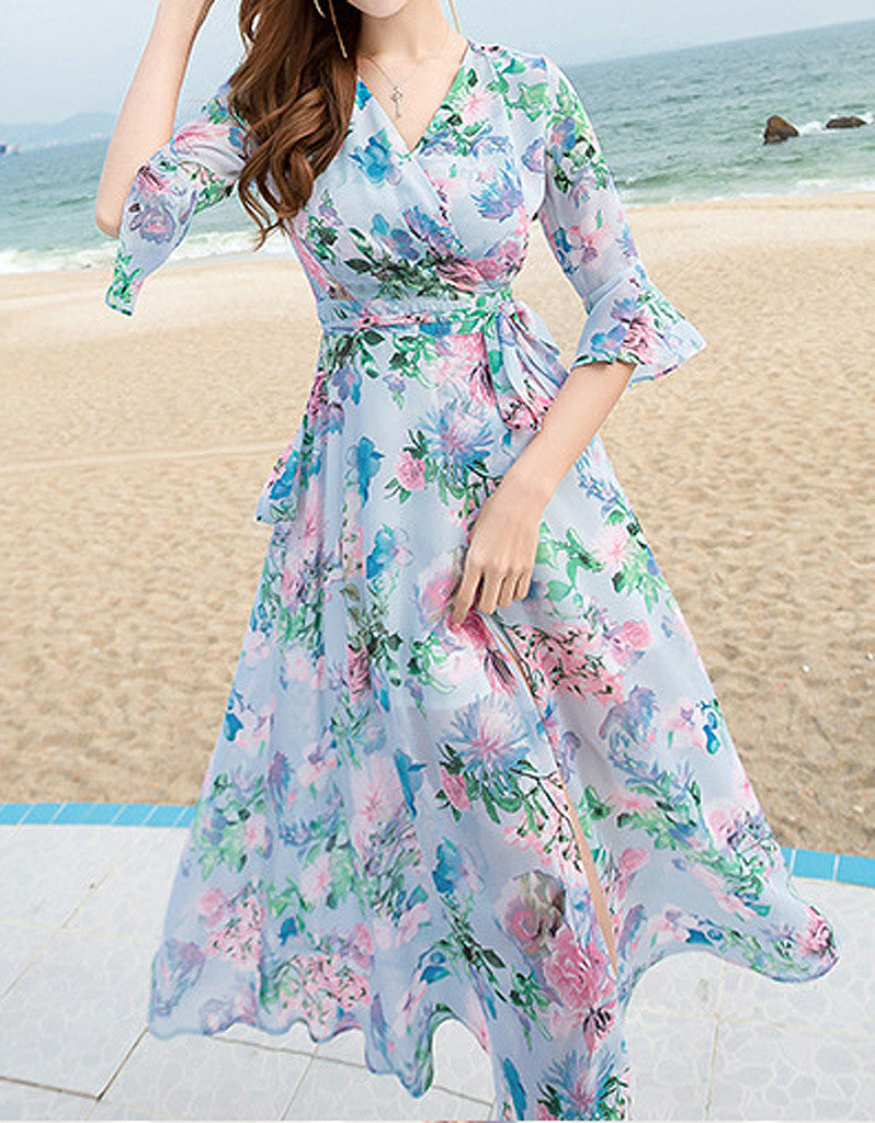 Floral Mid Length Sleeve Floaty Long Dress Sofiq 3251